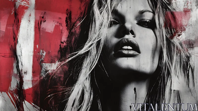 Bold monochrome portrait framed by raw crimson strokes.