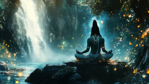 Figure sits cross legged before waterfall in dense forest