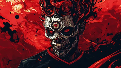 Flaming cyber-demonic skull portrait in red and black motion