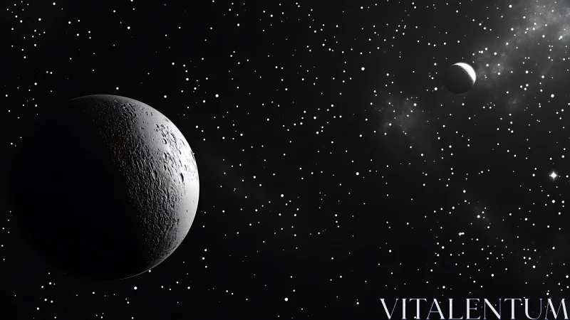 Rendered cratered moon with distant moonlit sphere in space