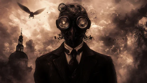Plague mask gentleman in surreal apocalyptic stormscape.