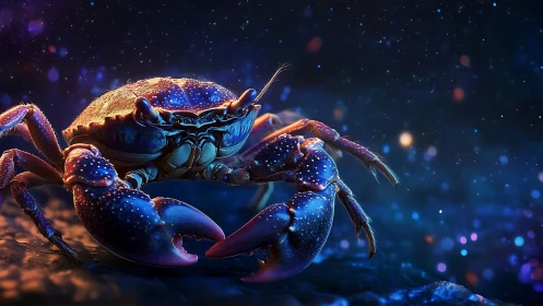 Glowing night crab under dreamy starlit ocean sky.
