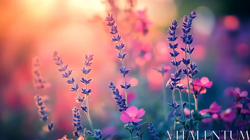 Purple Lavender Fields at Golden Sunset Hour.