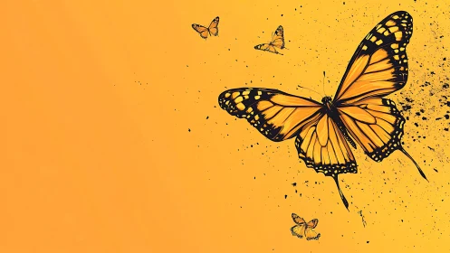 Digital monarch butterflies on vivid orange negative space field.