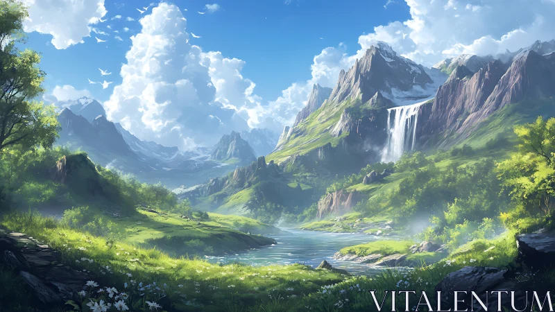 Sunlit alpine valley with cascading mountain waterfall panorama.