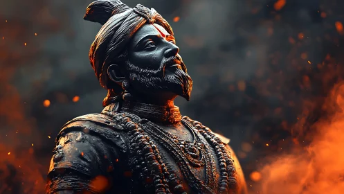 Ember-lit warrior sculpture in high-contrast digital relief.