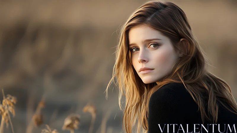 Young woman gazes over shoulder in soft golden dusk field