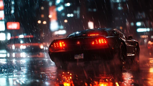 Sports car in wet neon city street during heavy rainfall.