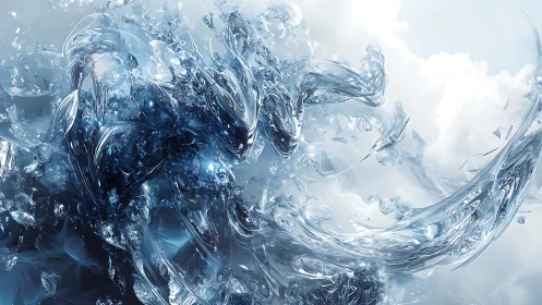 Crystalline liquid vortex swirls through luminous cloudy sky.