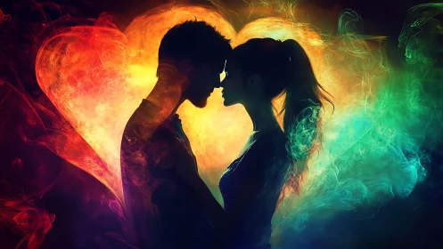 Silhouetted profiles with chromatic light effect and heart shape