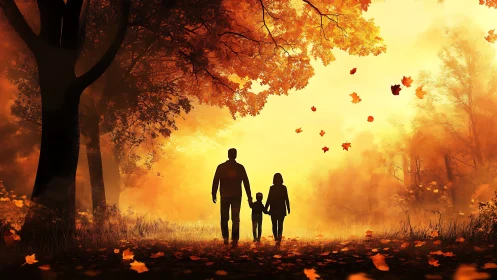 Family Walking Through Autumn Forest at Golden Hour.