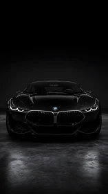 Sleek black sports car waits boldly in a dramatic spotlight