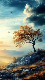 Solitary mountain tree bends above sunlit valley at dawn