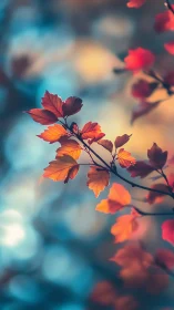 Orange autumn leaves in soft blue bokeh background scene.