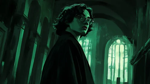 Curious wanderer pausing in a moonlit emerald hall.