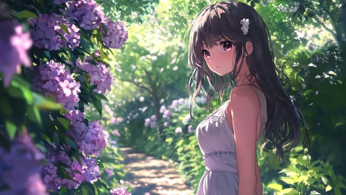 Anime girl walks through sunlit hydrangea garden in summer