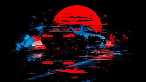 Midnight street racer outruns a neon red synthetic sunrise