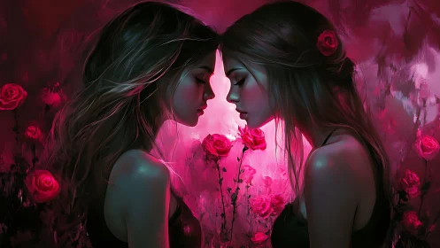 Two souls connected through glowing pink roses and intimacy