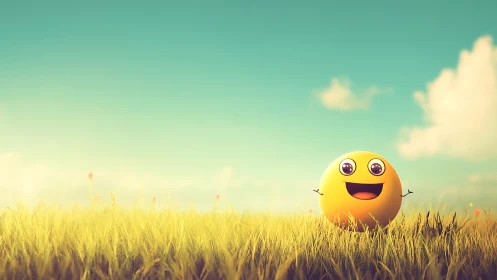Bright yellow smiley enjoying a sunlit grassy meadow.