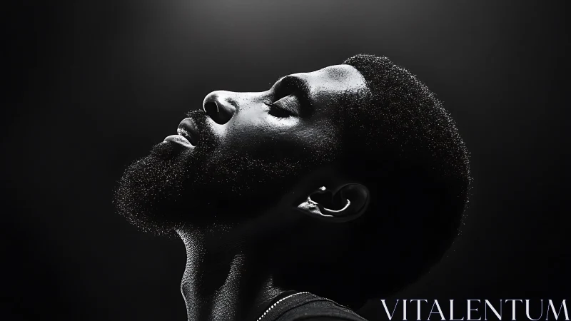 Monochrome side portrait in dramatic upward light focus.