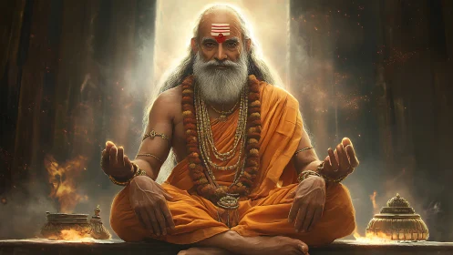 Enlightened sage meditates in a glowing temple of fire