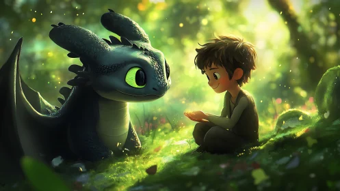 Gentle forest moment between curious boy and baby dragon friend.