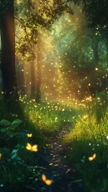 Sunlit forest path with glowing fireflies and soft foliage.