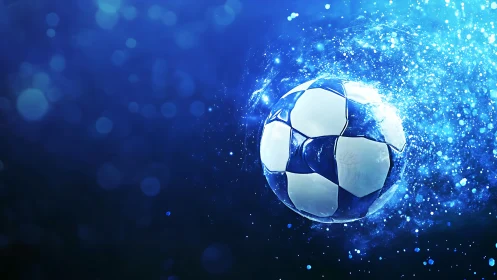 Digital painting soccer ball in dynamic blue particle burst.