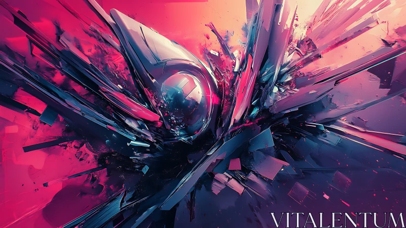 Abstract digital shards converging around metallic core.