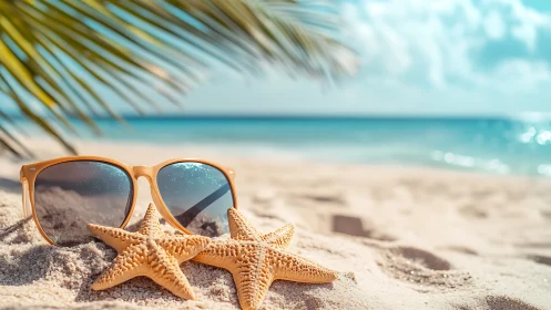 Sunny beach day with starfish and reflective sunglasses glow
