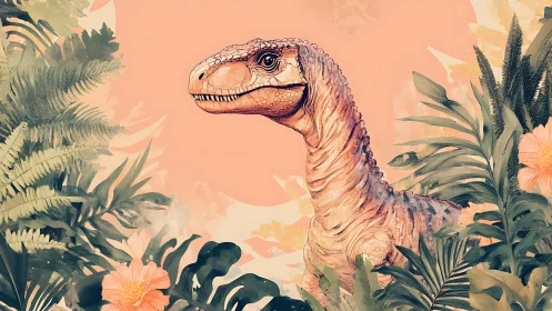 Gentle dinosaur gazes from lush pastel jungle foliage.