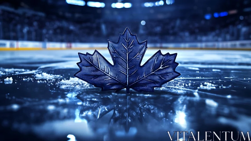 Photorealistic maple leaf emblem on illuminated hockey rink ice.