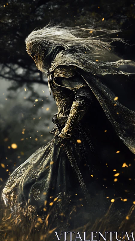 Masked eldritch knight striding through embers at dusk.