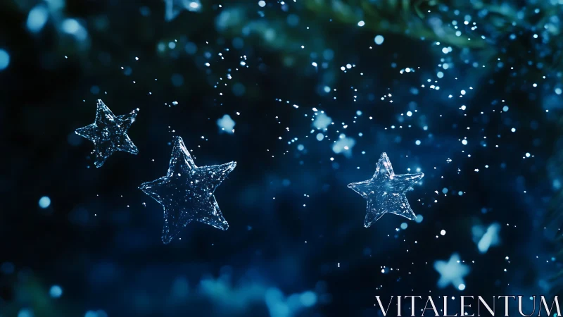 Glittering glass star ornaments in floating blue bokeh field.