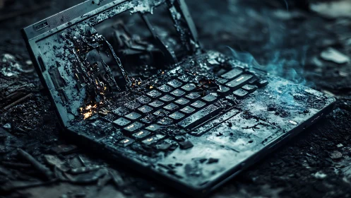 Burned laptop lies destroyed on ground with melted keyboard