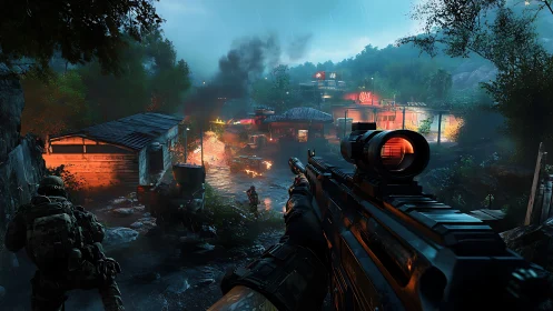 First-Person Tactical Engagement in Neon-Lit Urban Warzone.