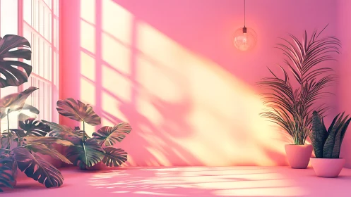 Sunlit pink interior with potted tropical plants and sharp cast shadows