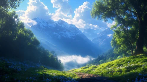 Sunlit alpine valley with snow peaks and wildflower meadow.