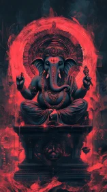 Digital Ganesh deity in red aura on ornate pedestal.