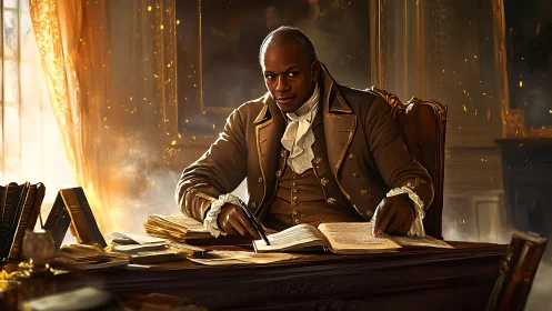 Eighteenth century scholar in luminous baroque study.