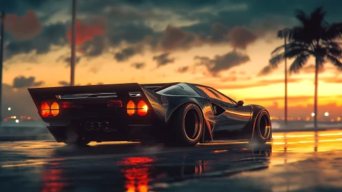 Midnight turbo sleekness idling under neon-tinted sunset sky.