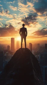 Silhouetted Figure Standing on Peak with Cityscape at Sunset.