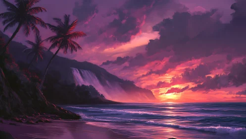 Tropical waterfalls serenade a neon-sorbet ocean sunset.