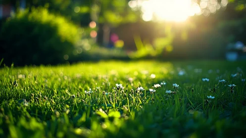 Backlit lawn daisies glow under warm golden sunset light.