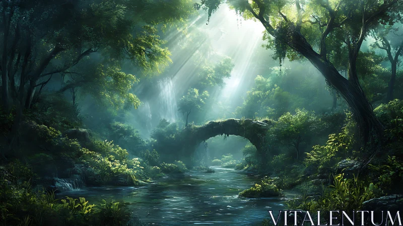 Mystical Forest Stream with Stone Bridge and Sunlight.