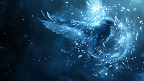 Iridescent ice bird shattering into crystalline fragments