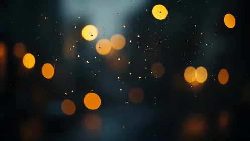 Soft city lights through a rainy evening window glow.