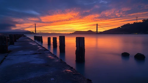 Golden Gate bridge glows in a calm, painted sunrise sky.