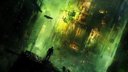 Lone figure walks through vertical neon city canyon at night