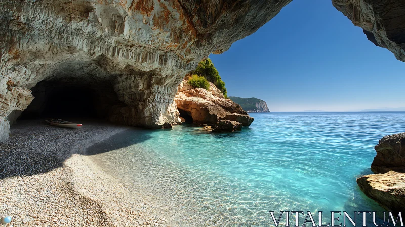 Sea grotto and kayak framed by stratified coastal cliff light